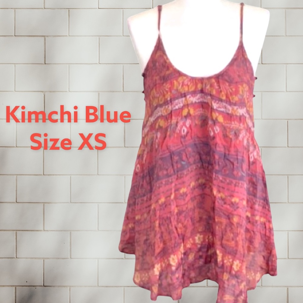 KIMCHI BLUE washed out look red & yellow floral/tribal strappy mini dress